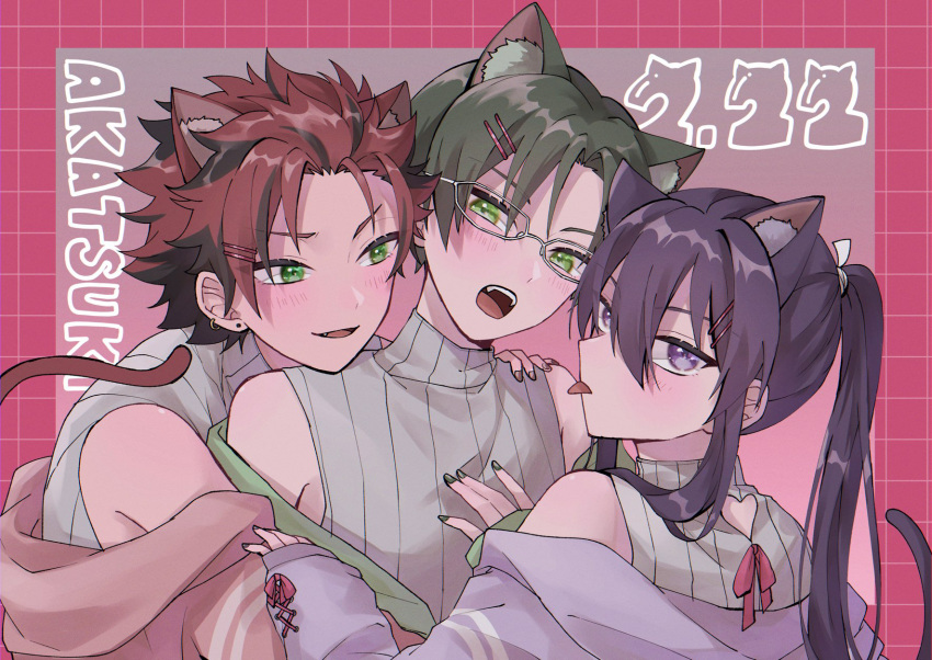 3boys akatsuki_(ensemble_stars!) alternate_costume animal_ear_fluff animal_ears black_hair bow cat_boy cat_day cat_ears cat_tail clothes_down clothing_cutout cross-laced_clothes cross-laced_sleeves dated english_text ensemble_stars! fangs glasses gradient_background green_eyes green_hair green_nails grey-framed_eyewear grid_border hair_between_eyes hair_ornament hairclip hand_on_another's_chest haruko_21 hasumi_keito head_rest head_tilt heart_cutout highres hug hug_from_behind kanzaki_souma kiryu_kuro long_hair looking_at_another looking_at_viewer looking_back male_focus multicolored_hair multiple_boys pink_bow ponytail purple_eyes purple_hair purple_nails raised_eyebrow red_hair red_nails shirt sidelocks sleeveless sleeveless_shirt sleeveless_turtleneck sleeves_past_wrists spiked_hair tail teeth tongue tongue_out turtleneck upper_teeth_only