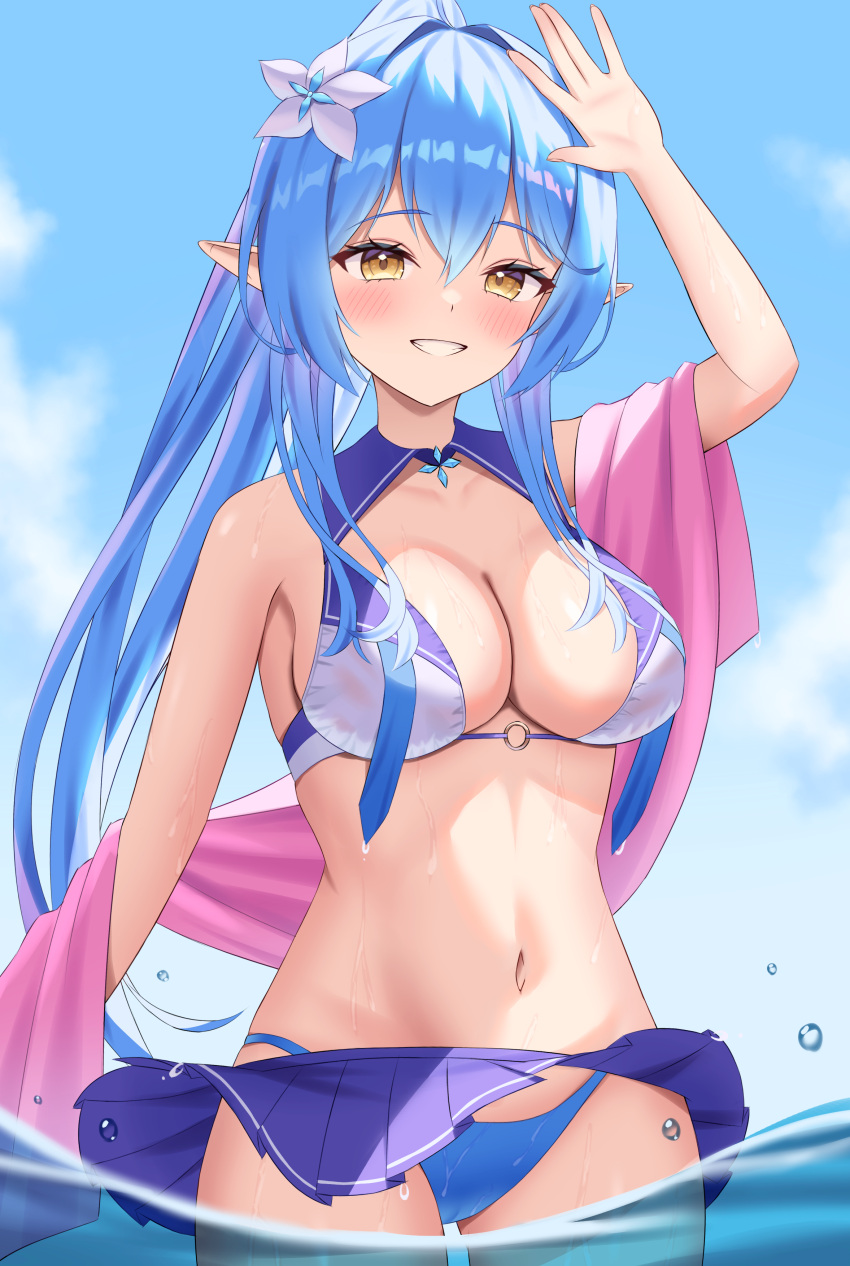 absurdres bare_shoulders bikini bikini_skirt blue_bikini blue_hair blue_skirt blush breasts cleavage high_ponytail highres hololive kumoru_(kumoru_145) large_breasts long_hair miniskirt navel parted_lips partially_submerged pink_towel pleated_skirt skirt swimsuit teeth virtual_youtuber white_bikini yellow_eyes yukihana_lamy