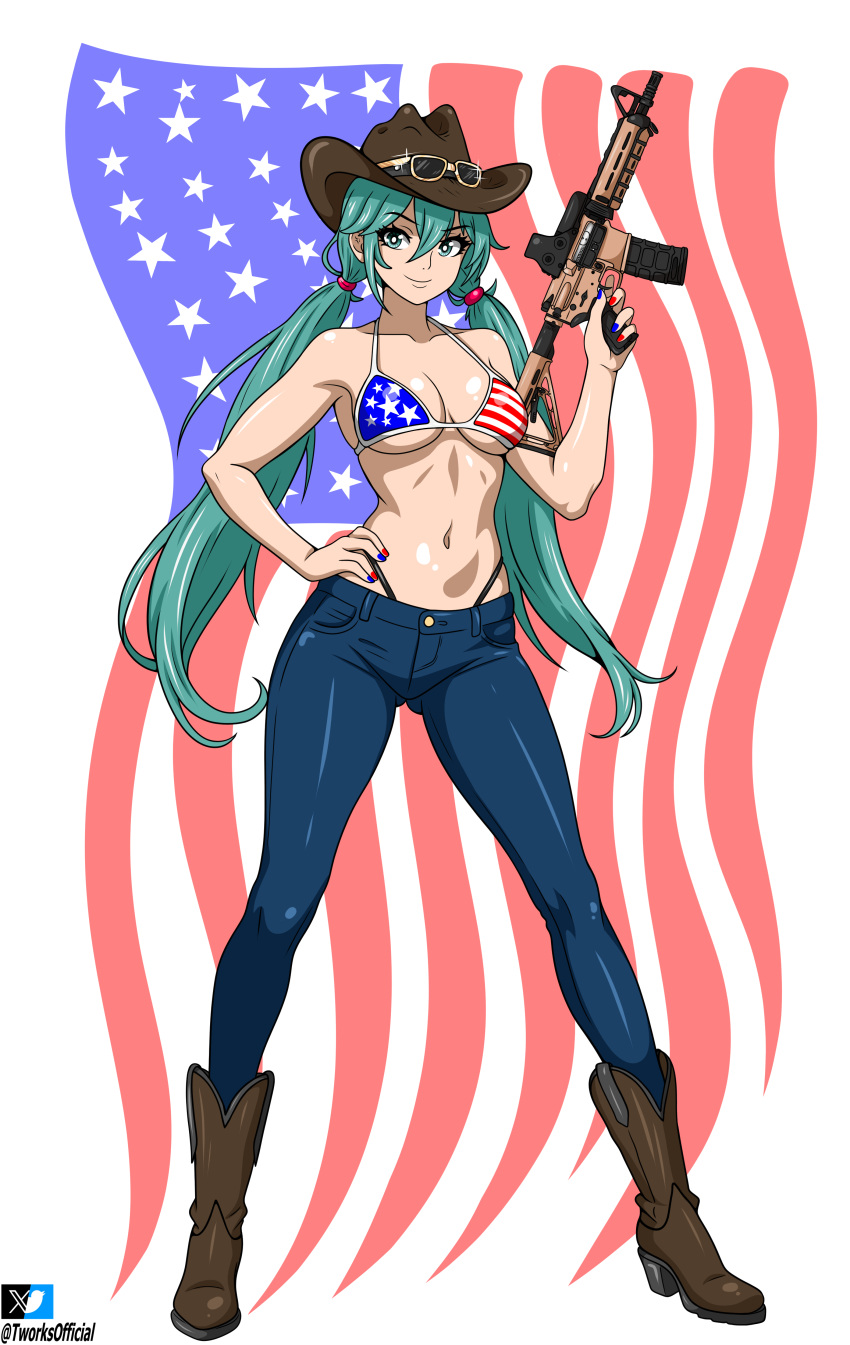 absurdres american_flag american_flag_bikini american_flag_print aqua_eyes aqua_hair ar-15 artist_name bikini blue_nails boots breasts brown_footwear collarbone commentary cowboy_hat denim english_commentary female flag_print full_body gun hand_on_own_hip hat hatsune_miku highres holding holding_gun holding_weapon jeans large_breasts long_hair looking_at_viewer multicolored_nails navel pants print_bikini red_nails rifle smile solo sunglasses swimsuit t-works thong twintails twitter_logo twitter_x_logo united_states very_long_hair vocaloid weapon