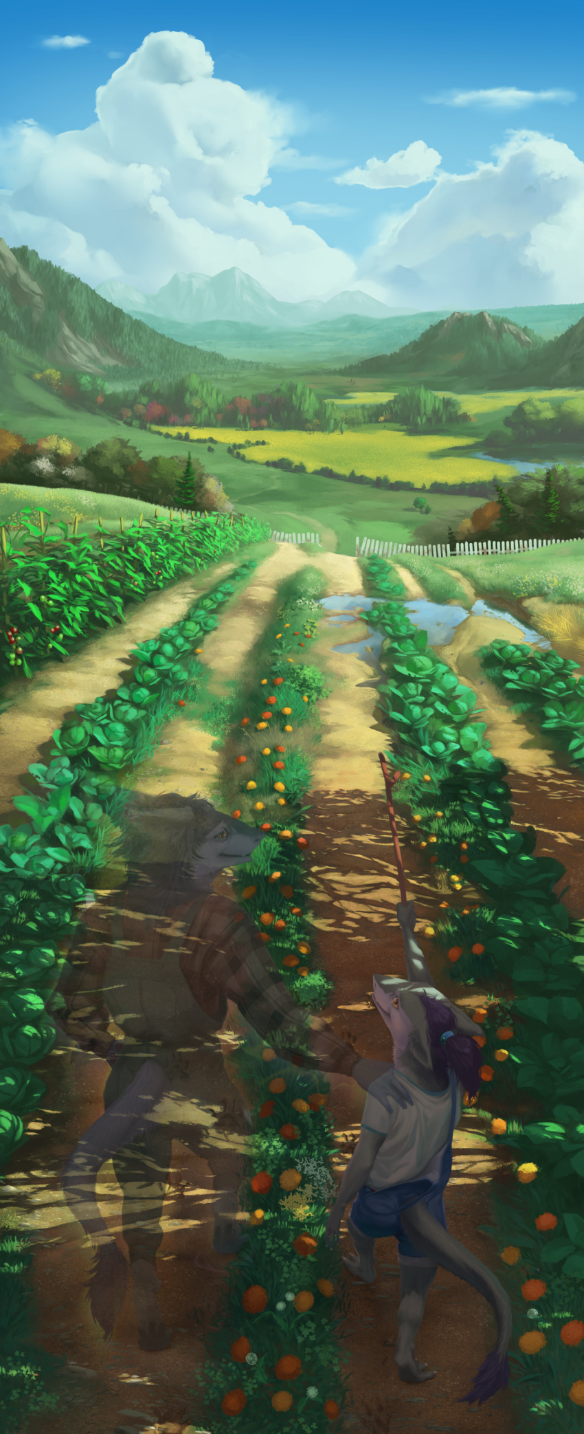 absurd_res anthro blue_hair cabbage clothing duo field flower food fuzzle_(artist) garden ghost hair hi_res male mountain overalls plant ponytail scenery sergal spirit vegetable warrener