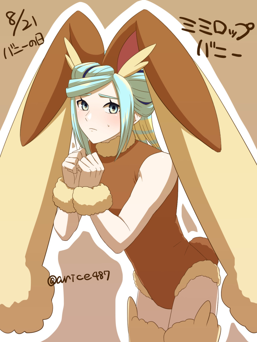 1boy alternate_costume animal_ears arice487 brown_background brown_leotard clenched_hands closed_mouth commentary_request cosplay eyelashes grusha_(pokemon) hands_up highres leotard looking_at_viewer lopunny lopunny_(cosplay) male_focus medium_hair outline own_hands_together pokemon pokemon_sv rabbit_ears rabbit_tail solo sweatdrop tail thighhighs translation_request wrist_cuffs yellow_thighhighs yellow_wrist_cuffs