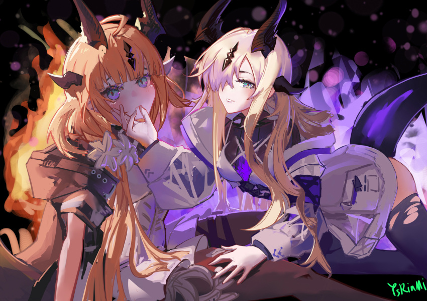 2girls ahoge arknights black_horns black_shirt black_tail blonde_hair blue_eyes blush breasts closed_mouth dragon_girl dragon_horns dragon_tail dress eblana_(arknights) fire flower hair_ornament hair_over_one_eye hand_on_another's_face highres horns jacket long_hair long_sleeves looking_at_viewer multiple_girls multiple_horns purple_fire reed_(arknights) reed_the_flame_shadow_(arknights) shirt smile tail thighhighs torn_clothes torn_thighhighs white_dress white_flower white_jacket ysrinmi