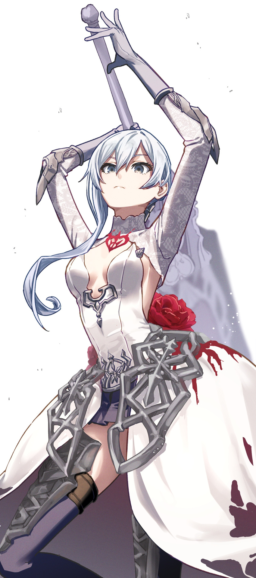 :o absurdres arm_up armor black_gloves boots breasts cleavage covered_navel dress elbow_pads feet_out_of_frame female flower gloves grey_eyes grey_hair hand_up highres holding holding_sword holding_weapon huge_weapon light_particles long_sleeves looking_at_viewer medium_breasts nigatsumikka open_mouth petals picture_frame red_flower red_rose rose sidelocks simple_background single_sidelock sinoalice snow_white_(sinoalice) solo standing sword sword_behind_back thigh_armor thigh_boots thighhighs turtleneck weapon weapon_behind_back white_background white_dress zettai_ryouiki