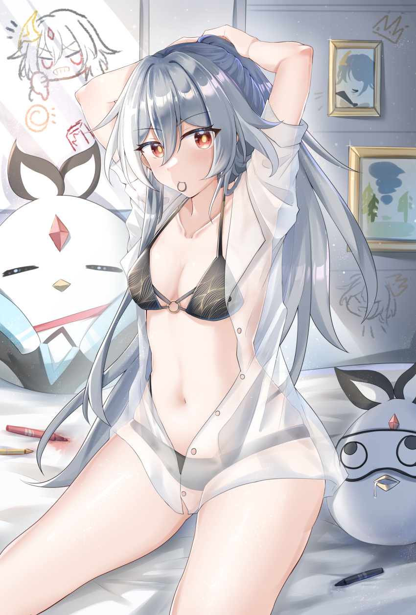 adjusting_hair armpits black_bra black_panties bra breasts collarbone crayon drawing_(object) drooling female fu_hua fu_hua_(herrscher_of_sentience) grey_hair highres honkai_(series) honkai_impact_3rd indoors irisu jingwei_(bird) long_hair looking_at_viewer meme navel no_pants on_bed open_clothes open_shirt panties portrait_(object) red_eyes see-through see-through_shirt shirt sitting solo stomach stuffed_animal stuffed_toy teri_derp_(meme) thighs underwear