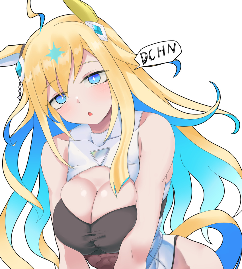 ahoge animal_ears bare_shoulders blonde_hair blue_eyes blue_hair breasts breasts_squeezed_together cleavage colored_inner_hair covered_collarbone dateya_torahachi female highres horse_ears horse_girl horse_tail large_breasts leaning_forward long_hair looking_at_viewer multicolored_hair neo_universe_(umamusume) open_mouth sidelocks simple_background solo speech_bubble tail two-tone_hair umamusume v_arms white_background