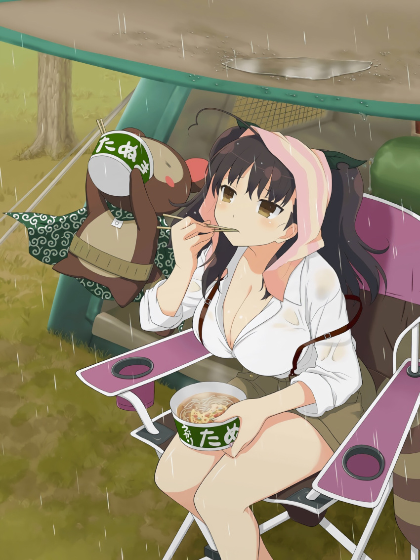 ahoge animal belt blush bowl breasts brown_eyes brown_hair camping camping_chair cape casual chopsticks cleavage cup_ramen eating female food grass green_cape hair_ornament heart heart_ahoge highres holding holding_bowl holding_chopsticks instant_ramen large_breasts leaf leaf_hair_ornament looking_ahead misato_(senran_kagura) noodles official_art outdoors plant pontarou_(senran_kagura) raccoon raccoon_tail rain ramen senran_kagura senran_kagura_new_wave shirt short_shorts shorts slurping solo suspender_shorts suspenders tail tanuki tent tree twintails wet white_shirt yaegashi_nan