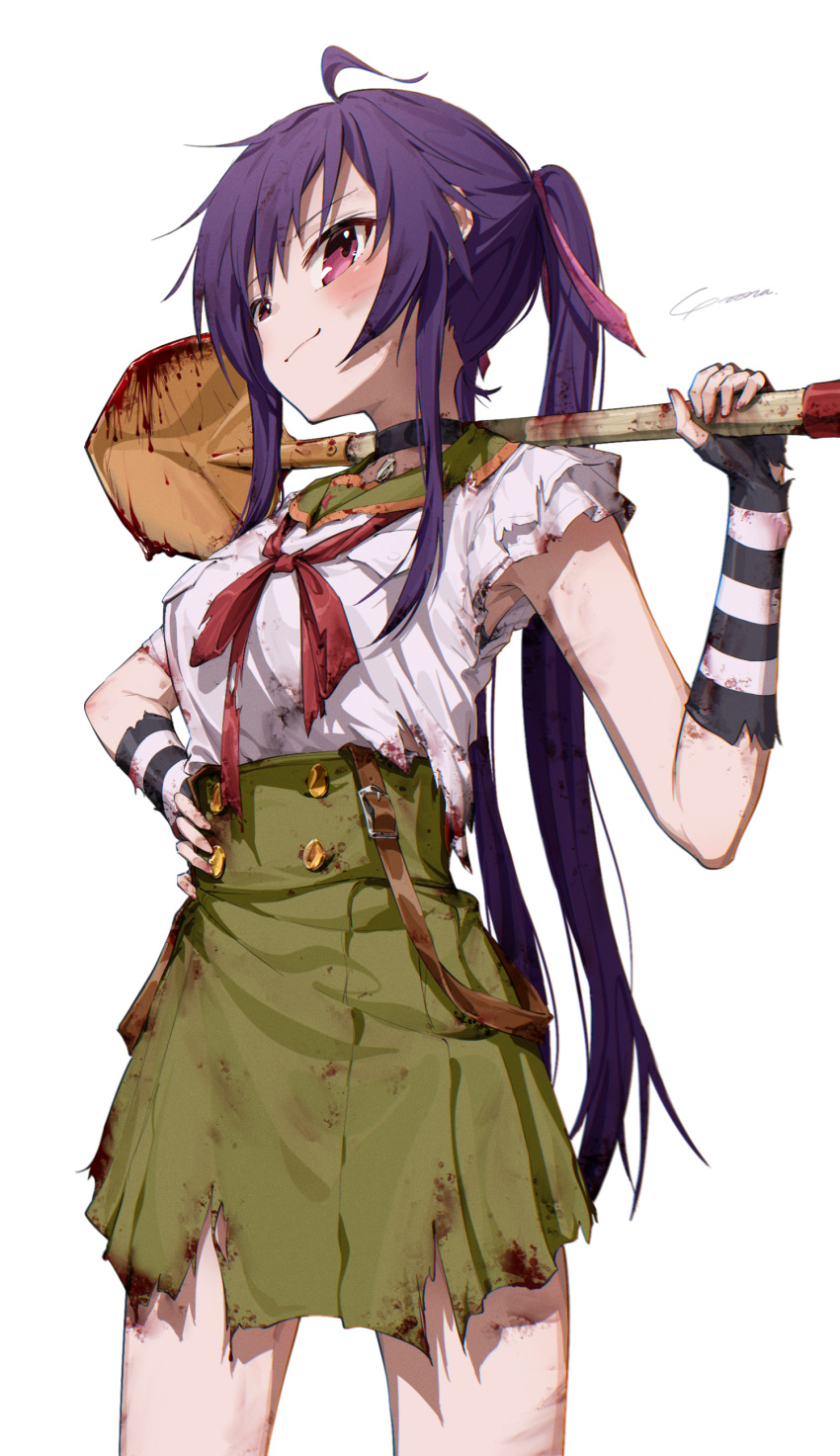 absurdres ahoge black_choker blood blood_on_clothes choker closed_mouth commentary_request cowboy_shot ebisuzawa_kurumi female fingerless_gloves gakkou_gurashi! gloves green_skirt hand_on_own_hip highres holding holding_behind_neck holding_shovel purple_hair red_eyes red_ribbon ribbon shirt shovel simple_background skirt smile solo striped_clothes striped_gloves torn_clothes torn_shirt torn_skirt twintails white_background yo_na