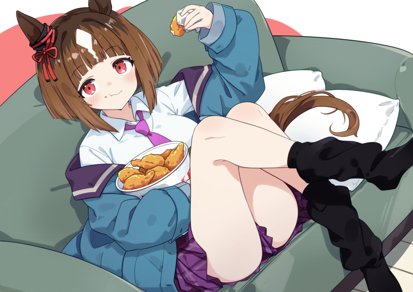 :t animal_ears black_socks blue_jacket blush brown_hair bucket_of_chicken chicken_(food) collared_shirt commentary_request couch ear_ribbon eating female food fried_chicken hand_up highres holding holding_food horse_ears horse_girl horse_tail jacket kfc legs_up long_sleeves looking_at_viewer loose_socks miniskirt necktie off_shoulder on_couch open_clothes open_jacket pillow pleated_skirt purple_necktie purple_skirt red_eyes red_ribbon ribbon shirt short_hair sitting skirt socks solo tail totomono transcend_(umamusume) umamusume wavy_mouth white_background white_shirt