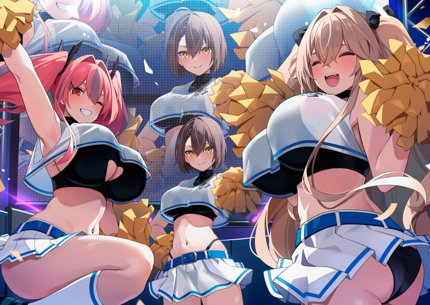 3girls absurdres ahoge alternate_costume anchorage_(azur_lane) arm_up ass azur_lane baltimore_(azur_lane) belt black_bra black_panties blue_belt bra braid breasts bremerton_(azur_lane) brown_hair cheerleader closed_eyes clothing_cutout commentary_request cropped_shirt eagle_union_(emblem) grey_hair hair_between_eyes hair_intakes heart_cutout highres holding holding_pom_poms large_breasts looking_at_viewer midriff mole mole_under_eye multicolored_hair multiple_girls navel one_eye_closed open_mouth panties panty_straps pink_eyes pink_hair pom_pom_(cheerleading) screen see-through see-through_shirt see-through_skirt shirt skirt soar_sora222 socks streaked_hair teeth twintails two-tone_hair underboob_cutout underwear upper_teeth_only white_socks yellow_eyes yellow_pom_poms