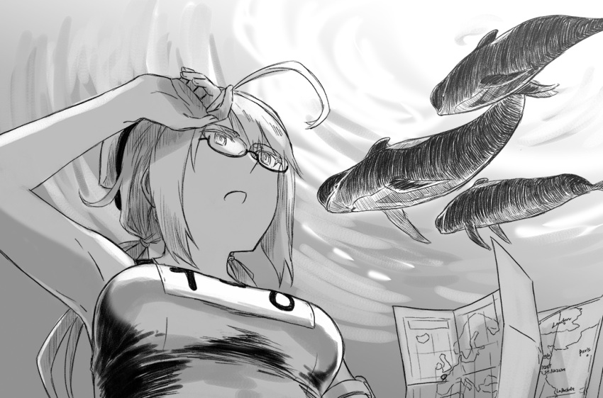 ahoge commentary_request female glasses greyscale hat i-8_(kancolle) kantai_collection looking_up low_twintails map_(object) monochrome name_connection sailor_hat school_swimsuit sebas_murasaki swimsuit twintails underwater upper_body whale