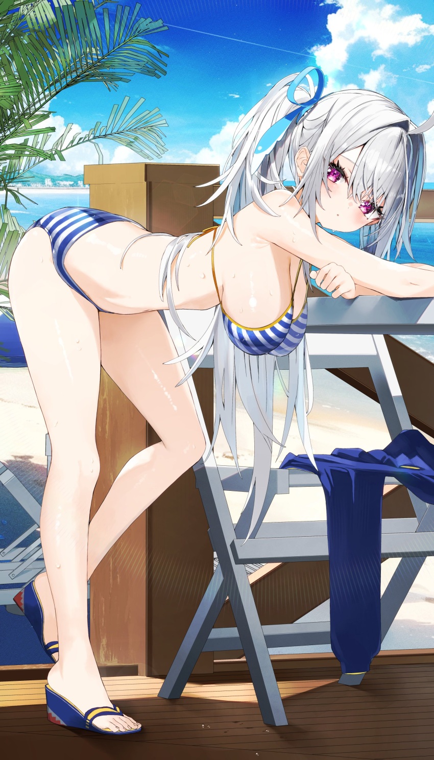 absurdres bare_arms bare_legs bare_shoulders bent_over bikini blue_footwear blue_ribbon blue_sky breasts chair cloud commentary_request day female folding_chair from_side grey_hair hair_intakes hair_ribbon hanging_breasts highres kamioka_shun'ya large_breasts long_hair looking_at_viewer looking_to_the_side original outdoors ponytail purple_eyes ribbon sandals shiori_(kamioka_shun'ya) sky solo striped_bikini striped_clothes swimsuit very_long_hair water