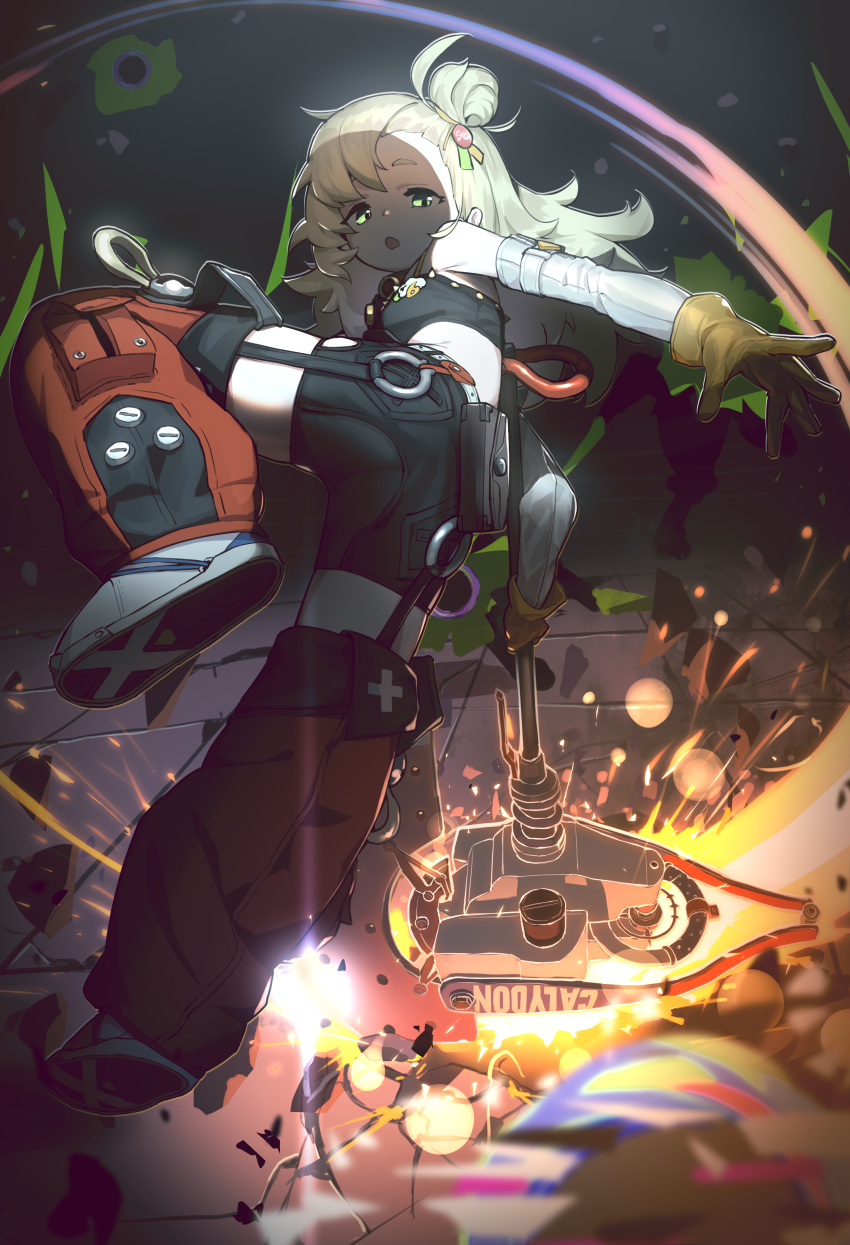 absurdres black_shorts blonde_hair crop_top detached_sleeves expressionless female full_body gloves green_eyes highres holding holding_weapon hoplitx long_hair looking_at_viewer open_mouth outdoors piper_wheel short_eyebrows shorts solo weapon yellow_gloves zenless_zone_zero