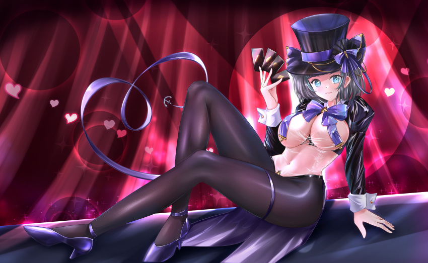 absurdres azur_lane black_hat black_pantyhose black_shrug breast_curtains breasts card cheshire_(azur_lane) cheshire_(the_cat_in_the_magic_hat)_(azur_lane) crotchless crotchless_pantyhose female full_body hat high_heels highres holding holding_card large_breasts leotard long_sleeves looking_at_viewer meme_attire nontraditional_playboy_bunny official_alternate_costume pantyhose purple_footwear reverse_bunnysuit reverse_outfit see-through see-through_leotard sefilom shoes short_hair solo top_hat