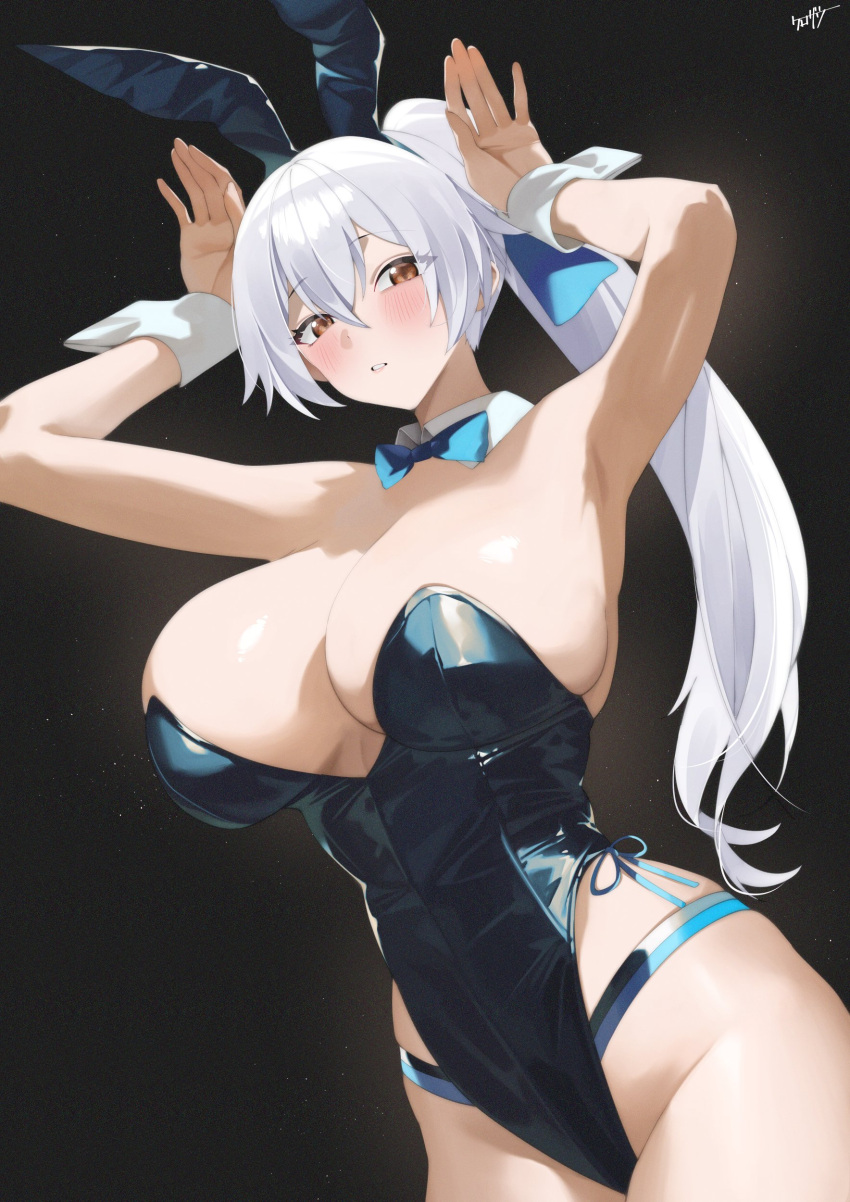 absurdres animal_ears armpits arms_up bare_shoulders black_background black_leotard blush bow bowtie breasts brown_eyes cleavage detached_collar fake_animal_ears fate/grand_order fate_(series) female hair_between_eyes highleg highleg_leotard highres kurozawa_yui large_breasts leotard long_hair looking_at_viewer playboy_bunny ponytail rabbit_ears rabbit_pose sidelocks simple_background solo tomoe_gozen_(fate) white_hair wrist_cuffs