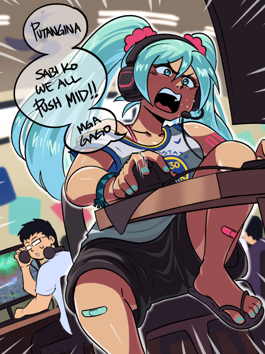 armband bandages dota_(series) dota_2 female hatsune_miku headset highres motion_lines playing_games profanity sandals shorts shouting sitting tagalog_text tank_top tina_fate twintails