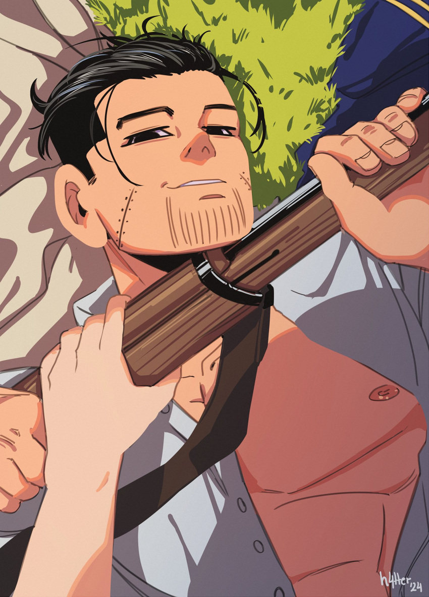 1boy arisaka artist_name black_eyes black_hair bolt_action buttons commentary facial_hair female from_above golden_kamuy grass gun h4tter hair_slicked_back highres holding holding_weapon looking_at_viewer nipples ogata_hyakunosuke pectorals pov rifle scar scar_on_cheek scar_on_face shirt short_hair signature smile strangling stubble unbuttoned unbuttoned_shirt undercut unworn_clothes very_short_hair weapon white_shirt