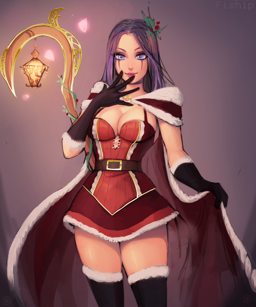 absurdres belt black_gloves black_thighhighs blue_eyes breasts cape christmas closed_mouth copyright_request cowboy_shot dress female fur_trim gloves hair_ornament hand_up highres jewelry lantern large_breasts league_of_legends leblanc_(league_of_legends) lips looking_at_viewer matilda_fiship mistletoe_leblanc necklace parted_bangs purple_hair red_cape santa_costume short_dress smile solo thighhighs