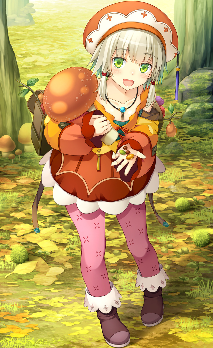 :d absurdres autumn_leaves backpack bag blush boots collarbone commentary_request female green_eyes hat highres jewelry leaning_forward looking_at_viewer low_twintails momoiro_taisen_pairon mushroom namaru_(summer_dandy) necklace official_art open_mouth original outdoors pantyhose photoshop_(medium) pink_pantyhose seed skirt smile solo twintails white_hair