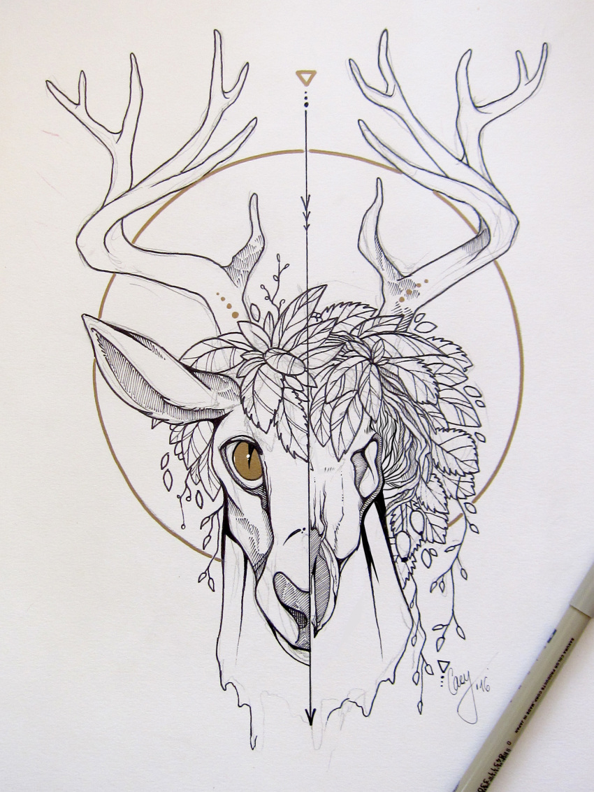 2016 3:4 ambiguous_gender antlers art_nouveau bone brown_eyes casynuf circle deer directional_arrow feral front_view fur headshot_portrait hi_res horn intersection leaf looking_at_viewer mammal pen_(artwork) portrait pupils signature simple_background skeleton slit_pupils solo traditional_media_(artwork) white_background