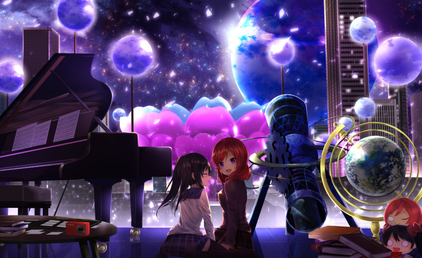 2girls absurdres alternate_costume bad_id bad_pixiv_id black_hair book building camera character_doll city closed_eyes commentary_request globe grand_piano highres instrument long_hair looking_at_another lotus_pedestal love_live! love_live!_school_idol_festival love_live!_school_idol_project multiple_girls nesoberi night night_sky nishikino_maki orein orrery piano purple_eyes red_hair sailor_collar school_uniform sheet_music short_hair sitting skirt sky smile star_(sky) starry_sky surreal table telescope thighhighs twintails yazawa_nico