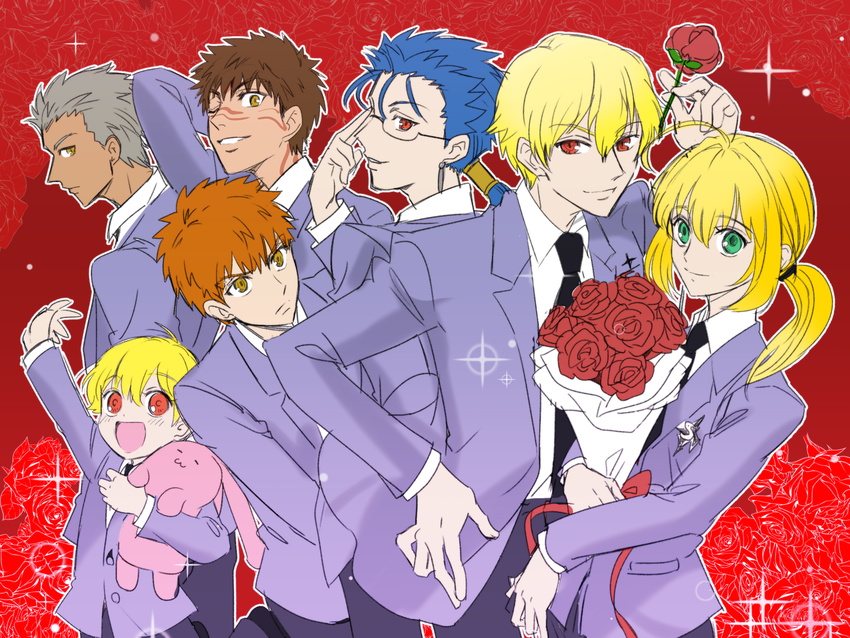 6+boys archer artoria_pendragon_(all) avenger bad_id bad_pixiv_id bespectacled blazer blonde_hair blue_hair brown_hair child_gilgamesh dual_persona emiya_shirou fate/hollow_ataraxia fate/stay_night fate/zero fate_(series) flower gilgamesh glasses highres jacket lancer multiple_boys necktie orange_hair ouran_high_school_host_club parody ponytail reverse_trap rose saber school_uniform shimo_(s_kaminaka) sparkle stuffed_animal stuffed_bunny stuffed_toy white_hair