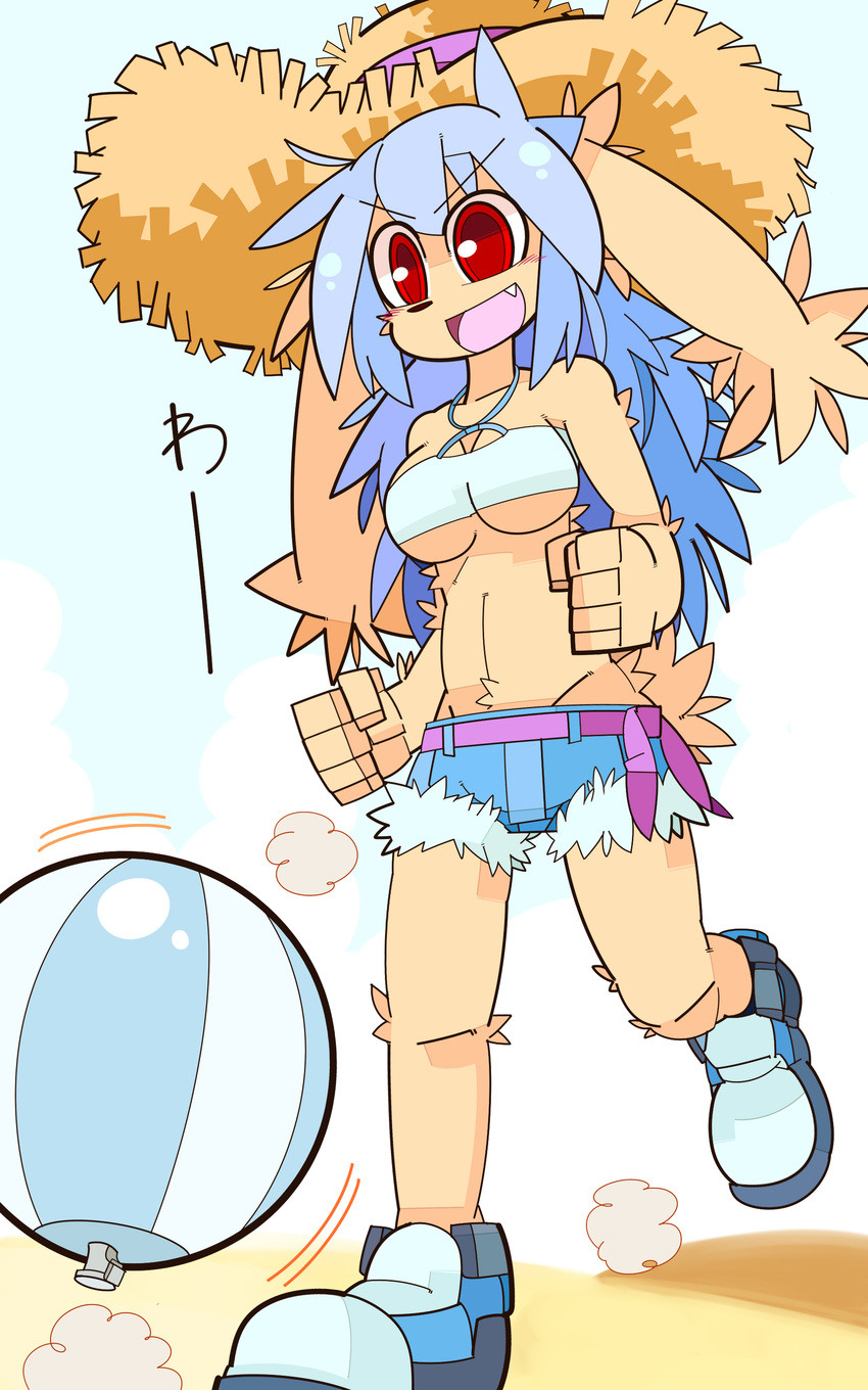 artist_request beach_ball blue_hair breasts female furry gradient gradient_background hat imouchi_sutan open_mouth rabbit red_eyes solo