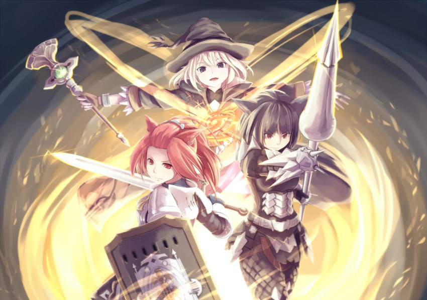 animal_ears armor black_eyes black_hair blonde_hair dararito final_fantasy_xiv red_eyes red_hair sword weapon witch_hat