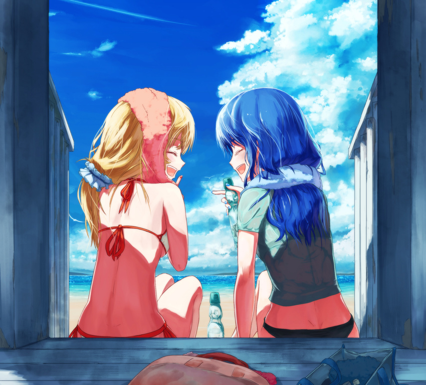 2girls :d aikatsu! aikatsu!_(series) arm_support back bad_id bad_pixiv_id bag beach bikini bikini_under_clothes black_bikini blonde_hair blouse blue_hair blue_nails blue_sky bottle closed_eyes cloud day eyelashes facing_another from_behind handbag highres holding holding_bottle horizon hoshimiya_ichigo kiriya_aoi laughing long_hair multiple_girls nail_polish ocean open_mouth outdoors photoshop_(medium) ponytail ramune red_nails ruru_ashihara scrunchie see-through shirt side-tie_bikini_bottom sitting sky smile swimsuit towel towel_around_neck towel_on_head