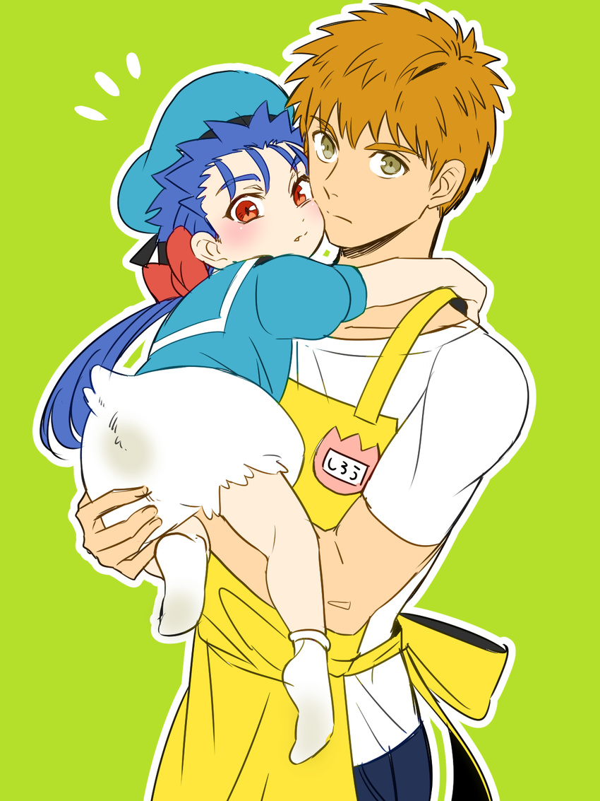 ankle_socks apron bad_id bad_pixiv_id blue_hair bow brown_eyes cosplay disney donald_duck donald_duck_(cosplay) donald_duck_sailor_hat emiya_shirou fate/stay_night fate_(series) fusion hairbow highres kindergarten_teacher lancer long_hair looking_at_viewer multiple_boys name_tag oerba_yun_fang orange_hair ponytail red_eyes shimo_(s_kaminaka)