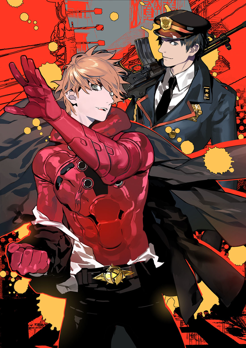 2boys armor assault_rifle belt daewoo_k2 formal gotou_hidenori gun hat hazama_masayoshi henshin highres kurahana_chinatsu looking_at_viewer male_focus multiple_boys necktie official_art police police_uniform red_background rifle samurai_flamenco samurai_flamenco_(character) suit uniform weapon