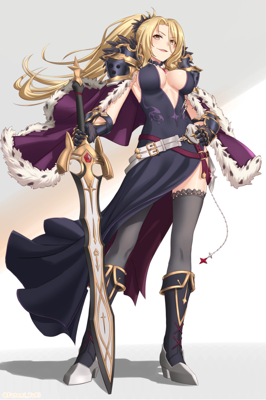 :d armor belt black_thighhighs blonde_hair boots breasts breasts_apart capelet christina_(princess_connect!) cleavage_cutout clothing_cutout commentary covered_nipples female full_body fur-trimmed_capelet fur_trim futami_(mg42fw190d) gauntlets gem hand_on_own_hip highres holding holding_weapon long_hair looking_at_viewer looking_down medium_breasts open_mouth pauldrons ponytail princess_connect! shadow shoulder_armor smile solo standing sword thighhighs thighhighs_under_boots weapon white_background yellow_eyes