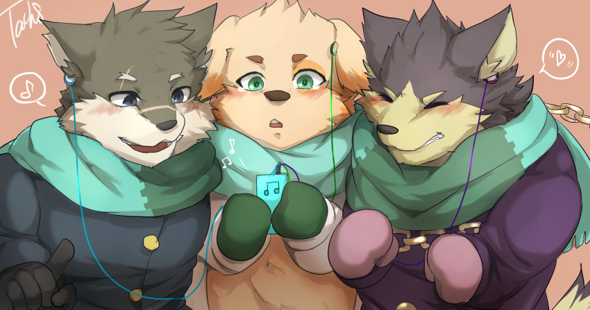 anthro blush canid canine canis chains clothed clothing cu_sith_(tas) domestic_dog earbuds electronics garmr_(tas) group headphones hi_res kemono lifewonders male mammal moritaka_(tas) open_mouth portable_music_player scar scarf slightly_chubby smile tach8 tokyo_afterschool_summoners wolf