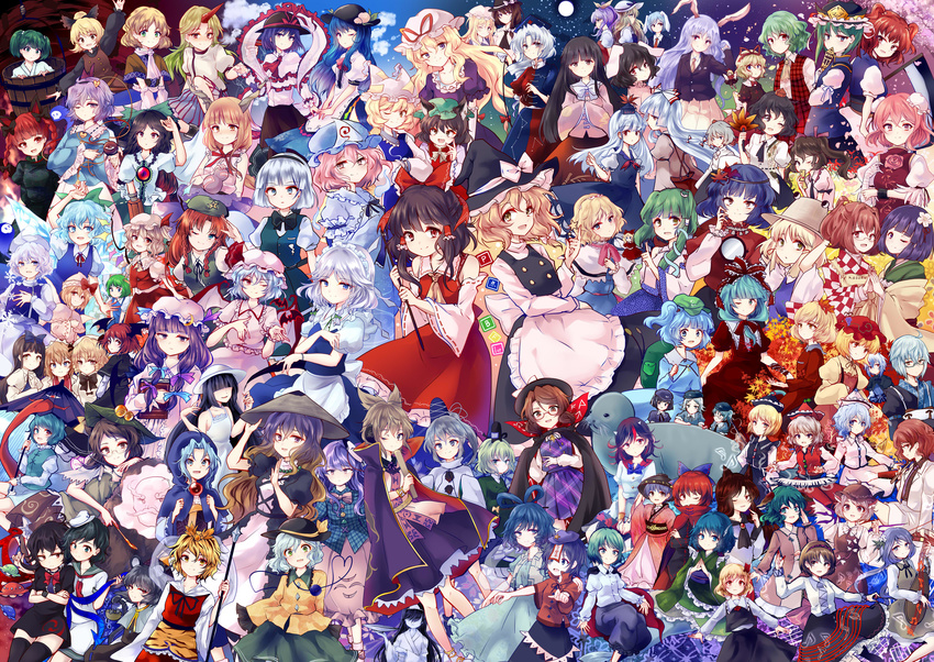 6+girls absolutely_everyone aki_minoriko aki_shizuha alice_margatroid animal_ears blue_eyes chen cirno cloud commentary_request daiyousei dark_haired_kappa everyone flandre_scarlet fujiwara_no_mokou full_moon futatsuiwa_mamizou glasses glasses_kappa gourd hair_tie_kappa hakurei_reimu hasshaku-sama hata_no_kokoro heart heterochromia hieda_no_akyuu highres hijiri_byakuren himekaidou_hatate hinanawi_tenshi hong_meiling horikawa_raiko hoshiguma_yuugi houjuu_nue houraisan_kaguya ibaraki_kasen ibuki_suika imaizumi_kagerou inaba_tewi inubashiri_momiji izayoi_sakuya kaenbyou_rin kagiyama_hina kaku_seiga kamishirasawa_keine kasodani_kyouko kawashiro_nitori kazami_yuuka kijin_seija kirisame_marisa kisume koakuma kochiya_sanae komeiji_koishi komeiji_satori konpaku_youmu konpaku_youmu_(ghost) kumoi_ichirin kurodani_yamame letty_whiterock lily_white lunasa_prismriver manzairaku maribel_hearn md5_mismatch medicine_melancholy miyako_yoshika mizuhashi_parsee mononobe_no_futo moon morichika_rinnosuke moriya_suwako motoori_kosuzu mouse_ears multiple_girls murasa_minamitsu mystia_lorelei nagae_iku nazrin ofuda okiku_(banchou_sarayashiki) onozuka_komachi patchouli_knowledge red_eyes reisen_(touhou_bougetsushou) reisen_udongein_inaba reiuji_utsuho remilia_scarlet resolution_mismatch revision right-over-left_kimono rope rumia saigyouji_yuyuko sekibanki shameimaru_aya shiki_eiki shimenawa shinki_(touhou) soga_no_tojiko source_larger su-san sukuna_shinmyoumaru tatara_kogasa tokiko_(touhou) toramaru_shou touhou touhou_(pc-98) toyosatomimi_no_miko tsukumo_benben tsukumo_yatsuhashi unzan uranaishi_(miraura) usami_renko usami_sumireko wakasagihime watatsuki_no_toyohime watatsuki_no_yorihime wriggle_nightbug yagokoro_eirin yakumo_ran yakumo_yukari yasaka_kanako