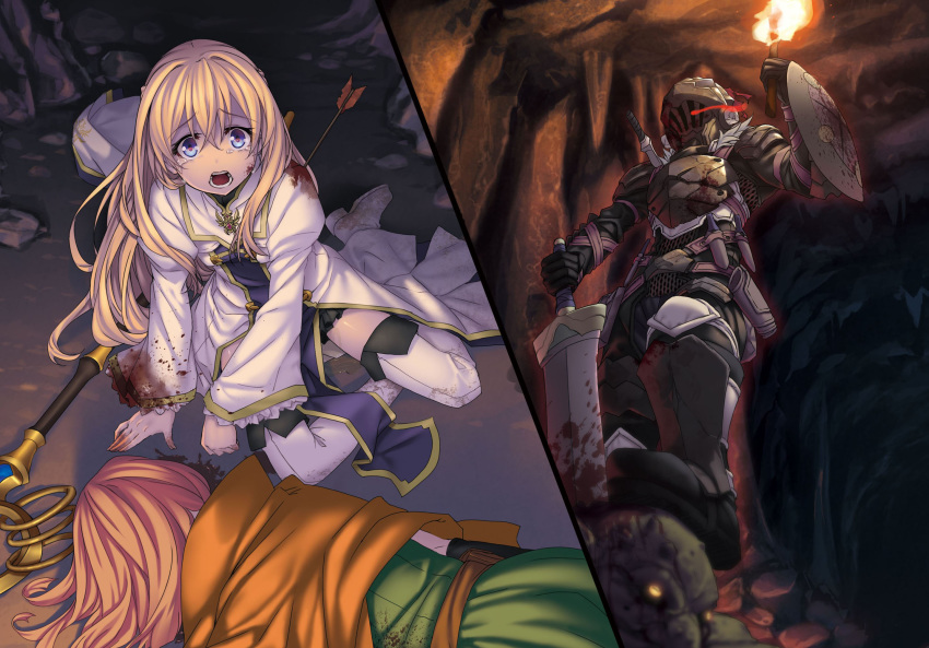 1boy 2girls arm_up armor arrow_(projectile) arrow_in_body black_gloves black_skirt blonde_hair blood blood_on_clothes blue_eyes boots breastplate crying crying_with_eyes_open gloves glowing glowing_eye goblin goblin_slayer goblin_slayer! hair_between_eyes helmet highres holding holding_sword holding_weapon injury kannatsuki_noboru long_hair lossy-lossless lying miniskirt multiple_girls novel_illustration official_art on_stomach open_mouth orange_hair priestess_(goblin_slayer!) red_eyes skirt staff sword tears thigh_boots thighhighs urine visor_(armor) weapon white_footwear wizard_(goblin_slayer!)