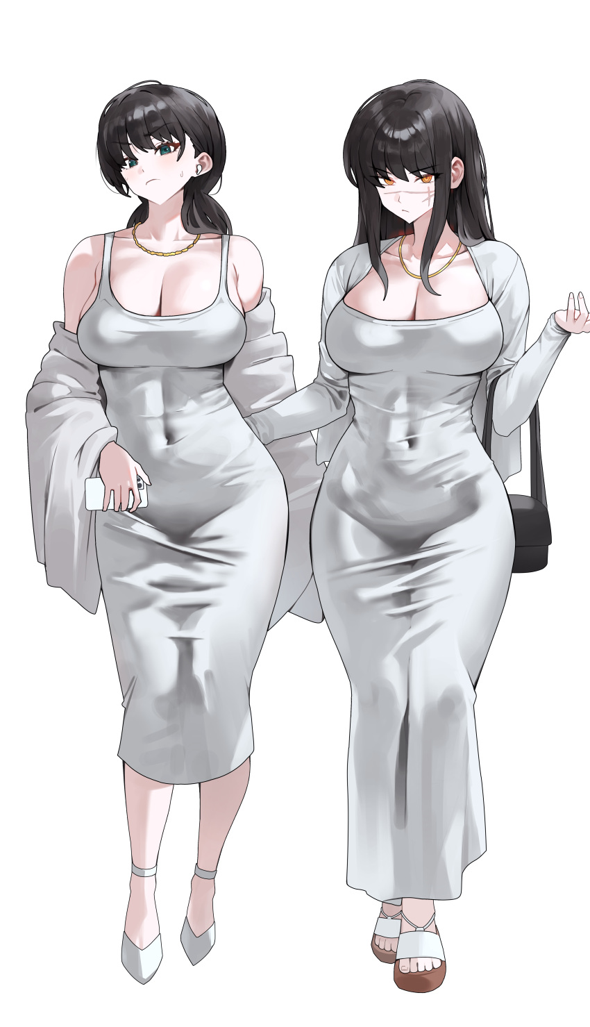 2girls absurdres airpods bag black_hair blue_eyes breasts chainsaw_man cleavage covered_navel dress full_body grey_dress handbag highres holding holding_phone jewelry large_breasts long_hair mitaka_asa multiple_girls necklace phone ringed_eyes scar scar_on_cheek scar_on_face scar_on_nose simple_background standing sweat white_background wireless_earphones yellow_eyes yoru_(chainsaw_man) yulmu98999