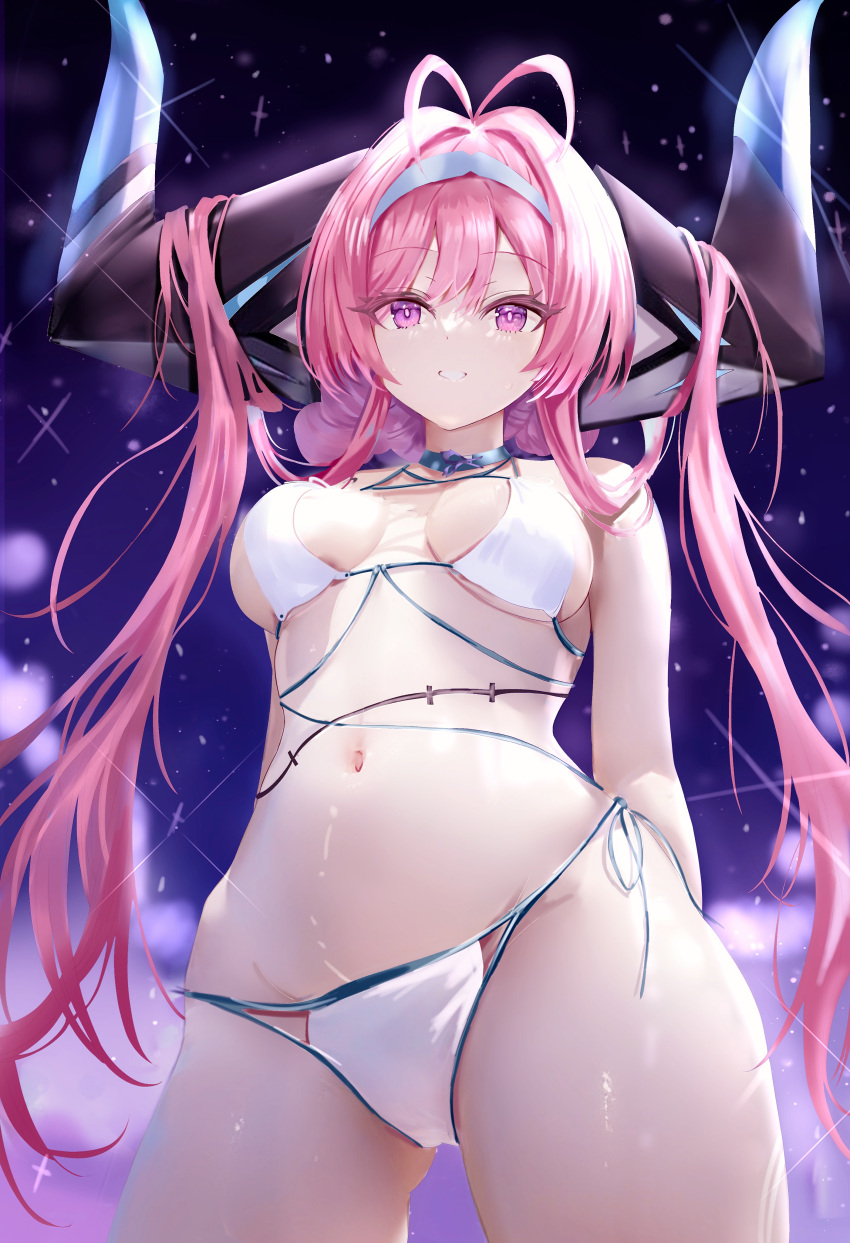 absurdres age_fx antenna_hair arms_behind_back azur_lane bikini breasts cleavage female hair_on_horn highres horns huge_horns long_hair looking_at_viewer medium_breasts midriff navel pink_eyes pink_hair prinz_rupprecht_(azur_lane) prinz_rupprecht_(midnight_pearl)_(azur_lane) side-tie_bikini_bottom smile solo standing swimsuit thighs white_bikini