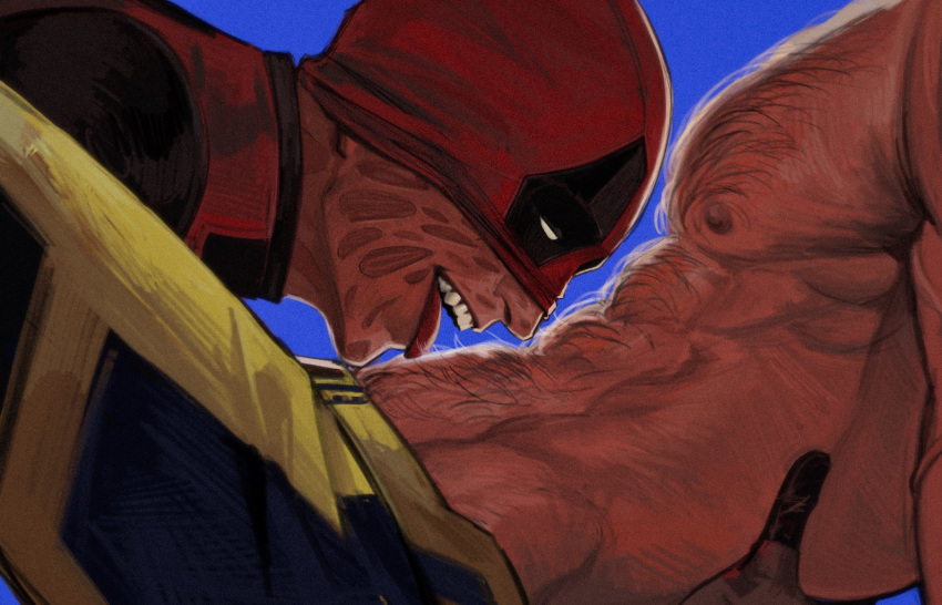 2boys abs bara blue_background bodysuit chest_hair deadpool deadpool_&_wolverine deadpool_(series) hairy hands_on_another's_back highres kdf_(nomorelemontea) large_pectorals licking licking_stomach male_focus marvel marvel_cinematic_universe mask mask_lift multiple_boys nipples pectorals red_bodysuit red_mask scar simple_background superhero_costume teeth thighs tongue tongue_out topless_male two-tone_bodysuit veins veiny_arms wolverine_(x-men) x-men yaoi