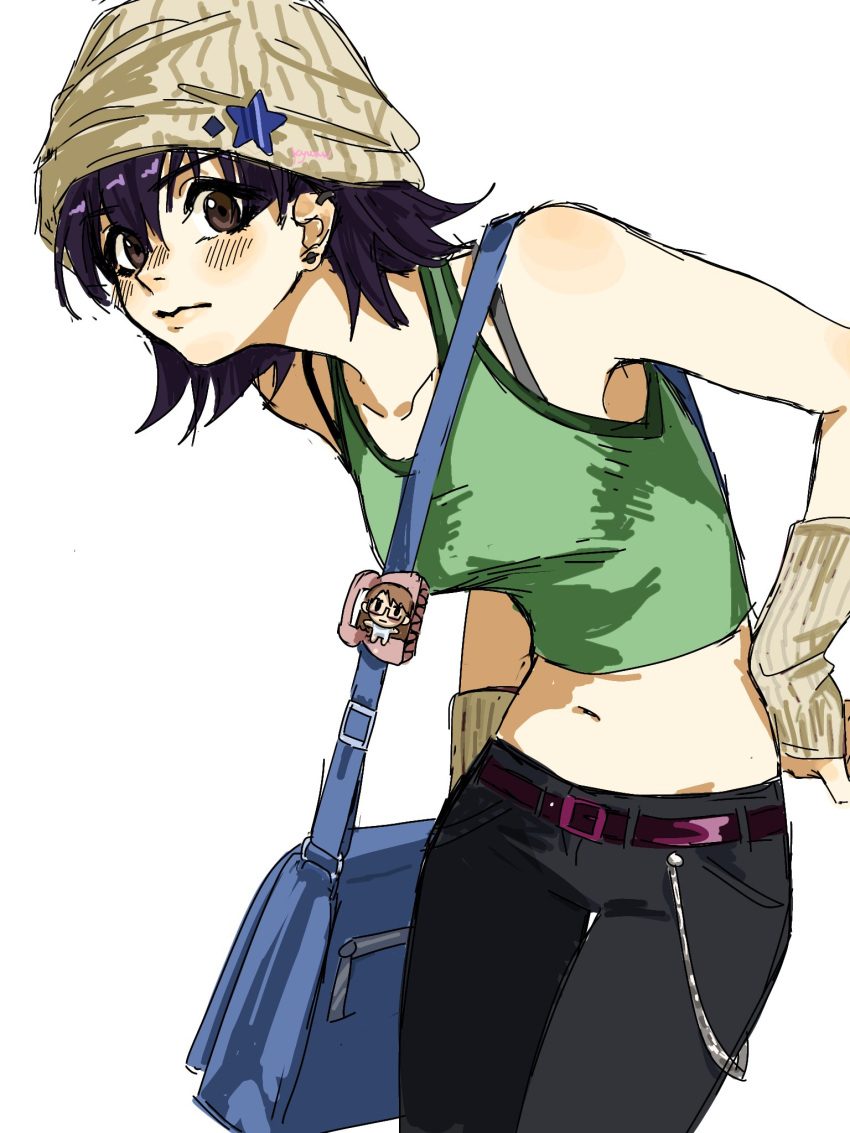 azumanga_daiou bag beanie black_pants bra_strap brown_eyes brown_hair chains crop_top earrings female green_tank_top hat hat_ornament highres jewelry kyuunn mizuhara_koyomi navel pants shoulder_bag simple_background solo star_(symbol) star_hat_ornament takino_tomo tank_top white_background