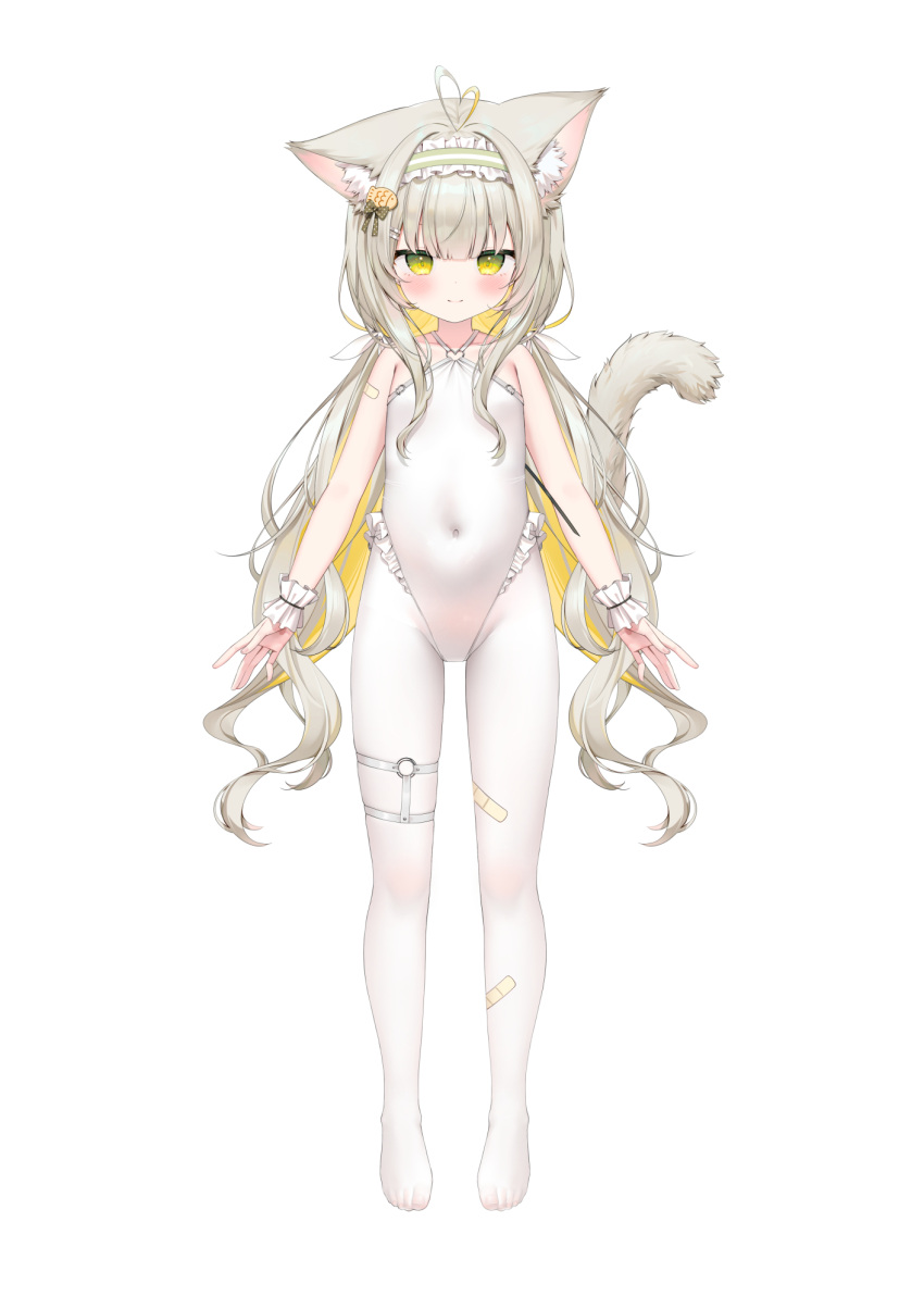 ahoge animal_ear_fluff animal_ears bandaid bandaid_on_leg blonde_hair blush brown_footwear cat_ears cat_girl cat_tail chen_bin closed_mouth covered_navel female frilled_leotard frills full_body green_eyes grey_hair heart_o-ring highres leotard long_hair low_twintails multicolored_hair original pantyhose shoes simple_background smile solo standing tail twintails two-tone_hair very_long_hair white_background white_leotard white_pantyhose wrist_cuffs