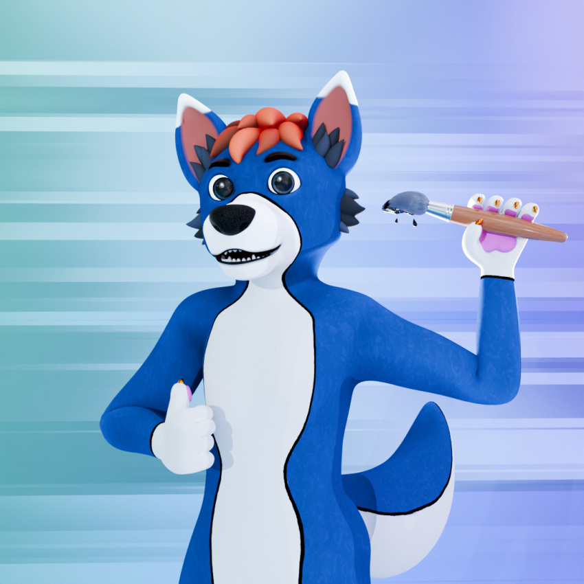 3d_(artwork) anthro blue canid canine canis cheek_tuft chest_tuft digital_media_(artwork) domestic_dog facial_tuft fur furry hair humanoid looking_at_viewer male mammal multicolored_body multicolored_fur multicolored_hair multicolored_tail smile solo solo_focus standing tail tuft white wolf