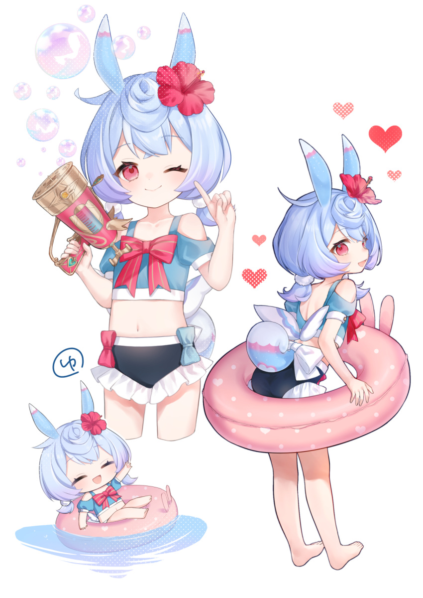 :d animal_ears aqua_bow aqua_shirt arm_up back barefoot bikini black_bikini_bottom blue_hair blush bow bowtie bubble chibi closed_eyes closed_mouth clothing_cutout collarbone commentary_request crop_top crossed_bangs eyelashes feet female flower frilled_bikini_bottom frills from_behind genshin_impact gradient_hair gun hair_between_eyes hair_flower hair_ornament handgun hands_up heart hibiscus highres holding holding_gun holding_weapon index_finger_raised innertube looking_at_viewer looking_back low_twintails median_furrow medium_hair midori_(m_ryokutya) midriff multicolored_hair multiple_views navel one_eye_closed open_mouth pink_innertube polka_dot polka_dot_innertube pom_pom_(clothes) pom_pom_hair_ornament puffy_short_sleeves puffy_sleeves purple_hair red_bow red_bowtie red_eyes red_flower shirt short_sleeves shoulder_cutout sidelocks sigewinne_(genshin_impact) simple_background smile stomach swim_ring swimsuit tail twintails water weapon white_background white_bow