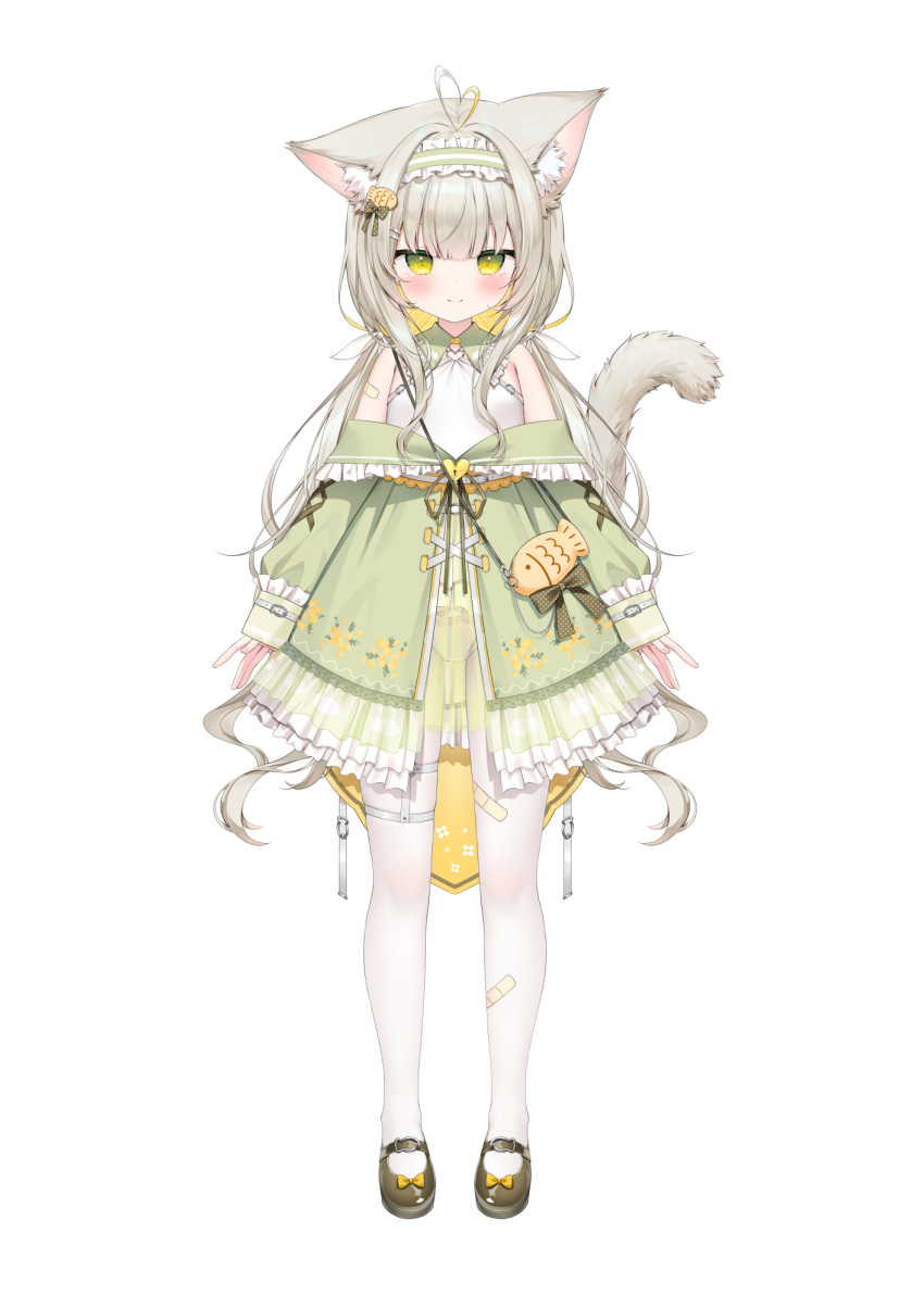 ahoge animal_ear_fluff animal_ears bandaid bandaid_on_leg bare_shoulders blonde_hair blush brown_footwear cat_ears cat_girl cat_tail chen_bin closed_mouth commentary_request dress female frilled_dress frills full_body green_dress green_eyes grey_hair highres leotard leotard_under_clothes long_hair long_sleeves low_twintails multicolored_hair off_shoulder original pantyhose puffy_long_sleeves puffy_sleeves see-through_clothes shoes simple_background sleeves_past_wrists smile solo standing tail twintails two-tone_hair very_long_hair white_background white_leotard white_pantyhose