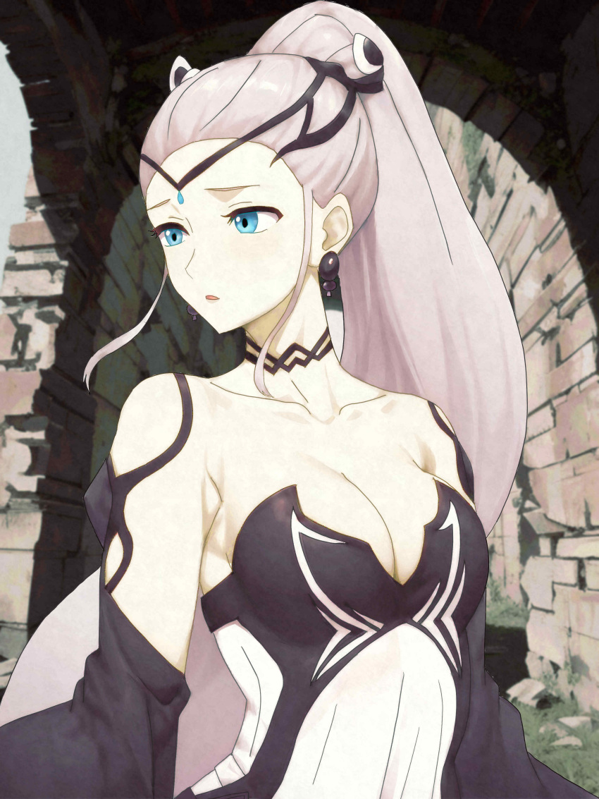 absurdres black_choker black_dress black_tiara blue_eyes breasts choker cleavage collarbone dress earrings eir_(fire_emblem) female fire_emblem fire_emblem_heroes goromochan highres jewelry long_hair long_sleeves medium_breasts ponytail sidelocks tiara white_dress white_hair