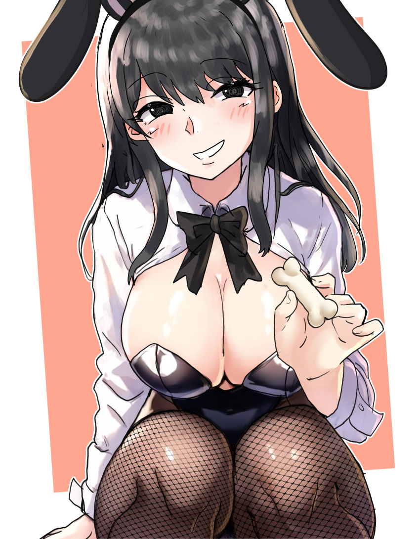 absurdres black_bow black_bowtie black_hair black_leotard black_pantyhose bone bow bowtie breasts cleavage collared_shirt ebora female fishnet_pantyhose fishnets highleg highleg_leotard highres holding holding_bone kihara_yuiitsu large_breasts leotard long_hair long_sleeves looking_at_viewer pantyhose parted_lips pink_background playboy_bunny shirt smile solo squatting toaru_majutsu_no_index toaru_majutsu_no_index:_new_testament two-tone_background white_background white_shirt