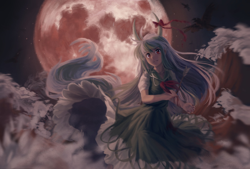 arrow_(projectile) blood bow closed_mouth commentary_request dress ex-keine female full_moon green_dress green_hair highres horn_bow horn_ornament horns injury kamishirasawa_keine long_hair moon multicolored_hair outdoors red_bow red_eyes red_moon satellitedragon short_sleeves solo tail touhou two-tone_hair very_long_hair white_hair