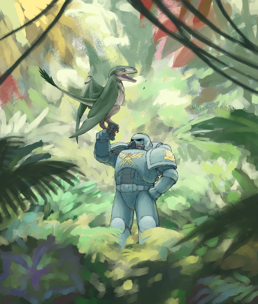 2023 absurd_res ambiguous_gender armor blue_armor claws closed_eyes detailed_background digital_media_(artwork) digital_painting_(artwork) dragon duo european_mythology feral fern forest forest_background from_behind_position green_body hand_on_hip hi_res human jungle jungle_background leaf looking_at_another machine male mammal membrane_(anatomy) membranous_wings musical_note musical_symbol mythological_creature mythological_scalie mythology nature nature_background nictitating_membranes open_mouth palm_tree perching_position plant power_armor presenting_finger purple_mouth raised_arm red_leaves scalie sex side_view singing space_marine standing standing_on_another symbol tail tail_tuft tree tuft vines warhammer_(franchise) western_dragon white_body wings wyvern yellow_leaves zw3