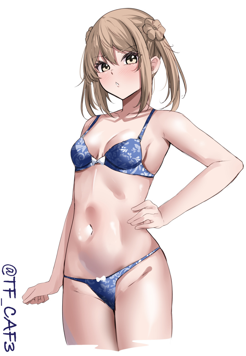 absurdres bare_arms bare_shoulders blue_bra blue_panties blush bow bow_bra bow_panties bra breasts brown_eyes brown_hair chestnut_mouth collarbone commentary_request cropped_legs double_bun female groin hair_between_eyes hair_bun hand_on_own_hip highres kantai_collection looking_at_viewer michishio_(kancolle) navel one-hour_drawing_challenge panties simple_background small_breasts solo standing tf_cafe twintails twitter_username underwear white_background white_bow