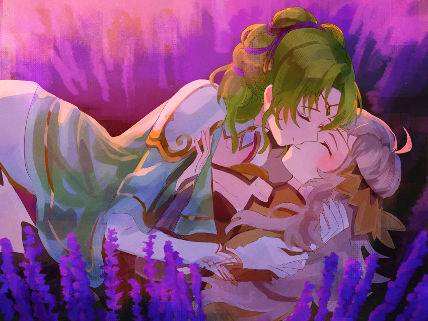 2girls absurdres ahoge armor black_gloves blonde_hair breasts cape capelet circlet closed_eyes collarbone commission commissioner_upload cuddling field fingerless_gloves fire_emblem fire_emblem:_the_sacred_stones fire_emblem_fates flower flower_field fusenryo gloves gold_cape green_cape green_hair highres kissing l'arachel_(fire_emblem) lavender_(flower) long_hair medium_breasts multiple_girls ophelia_(fire_emblem) short_hair shoulder_armor skeb_commission twintails white_gloves yuri