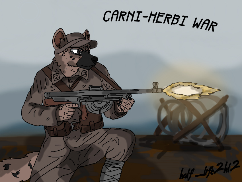 absurd_res anthro artist_name beastars canid canine canis carni_herbi_war chauchat clothing crouching day fur gun hat headgear headwear hi_res holding_object holding_weapon humanoid hyena machine_gun male mammal military military_cap military_uniform outside pouches pupils ranged_weapon shadow shooting_gun signature simple_background soldier soldier_uniform solo tail text topwear uniform war warrior warzone weapon world_war_1