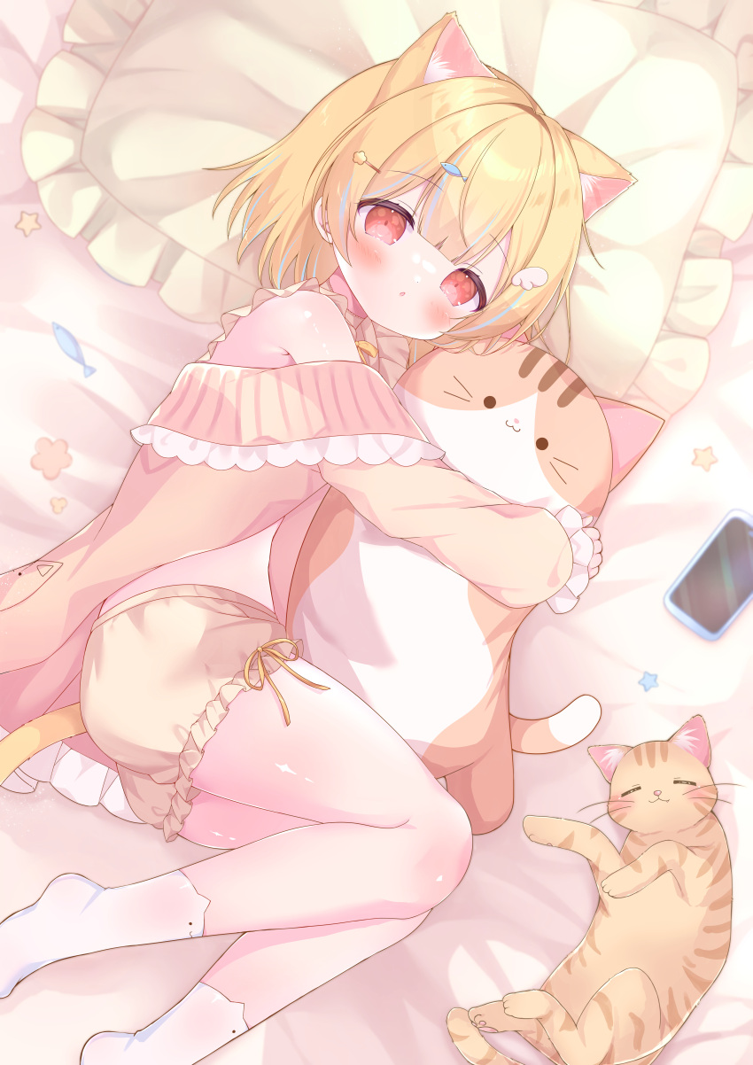 absurdres animal_ear_fluff animal_ears ass blonde_hair bloomers blush cat_ears cellphone dot_nose feline female fish_hair_ornament frilled_pillow frilled_shirt_collar frills hair_ornament highres hinosech long_sleeves looking_at_viewer lying multicolored_hair neck_ribbon no_shoes on_bed on_side open_clothes open_mouth open_shirt orange_shirt original phone pillow red_eyes ribbon shirt short_hair smartphone socks solo star_(symbol) star_hair_ornament streaked_hair stuffed_animal stuffed_cat stuffed_toy white_socks wing_hair_ornament yellow_ribbon